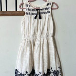 Girls Embroidered White & Navy Dress | Size 8 | Embroidered Florals & Stitching